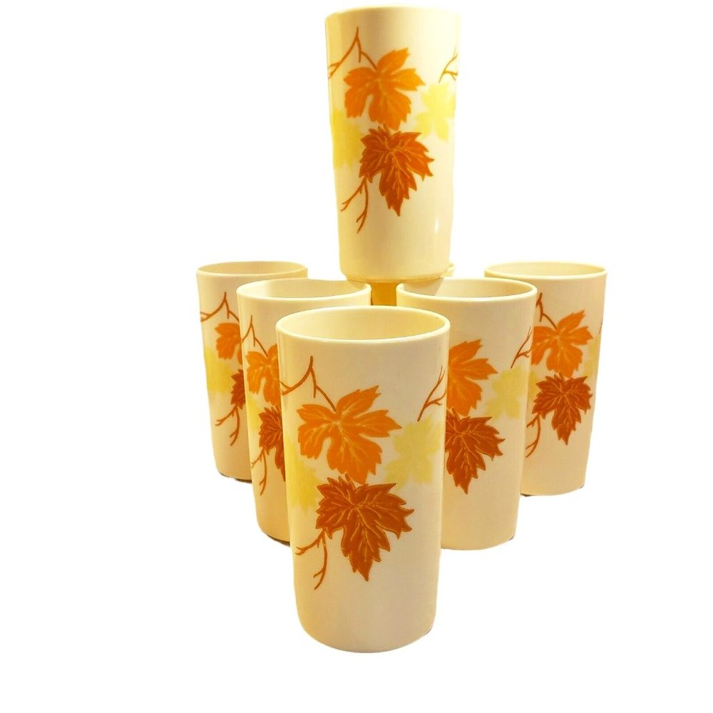 GothamWear set of  6 VTG  AUTUMN LEAF TUMBLERS Brown Yellow Orange 1 BONUS cup